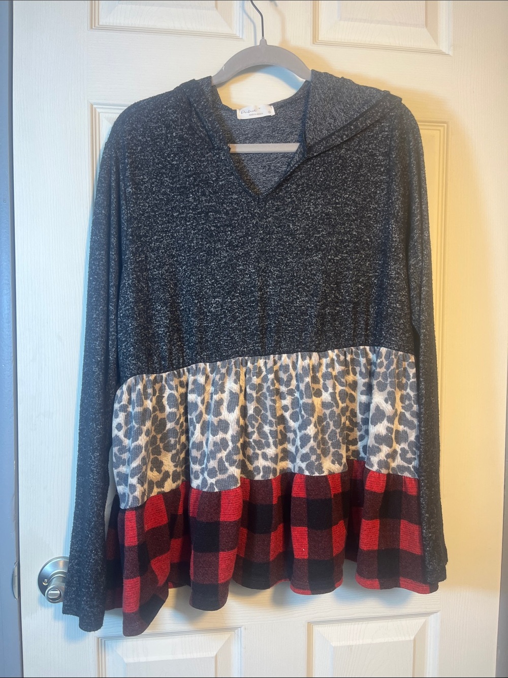 Charcoal Hooded Tiered Pullover with Leopard and Red Buffalo Plaid